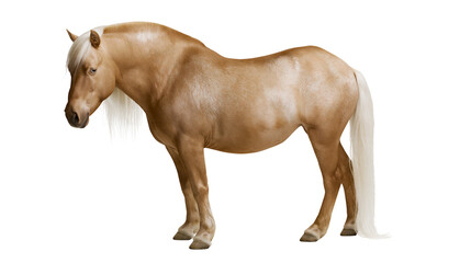 Palomino horse with golden coat and long white mane and tail standing profile © Alex