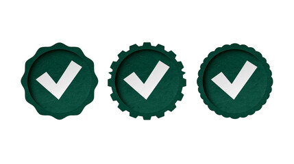 Three dark green circular badges with white checkmark symbols and serrated edges © Alex