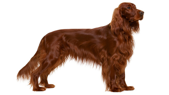 Irish Setter dog with long mahogany red fur standing in profile