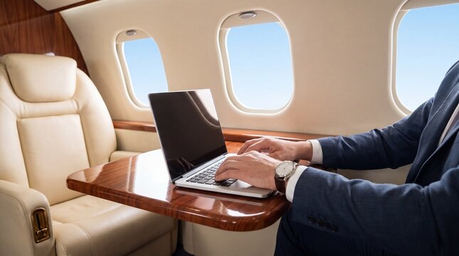 Businessman typing on laptop while flying on private jet. Man in suit works at wooden table inside luxury aircraft cabin with leather seats and windows.