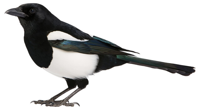 Eurasian magpie standing with black and white plumage and iridescent blue wings