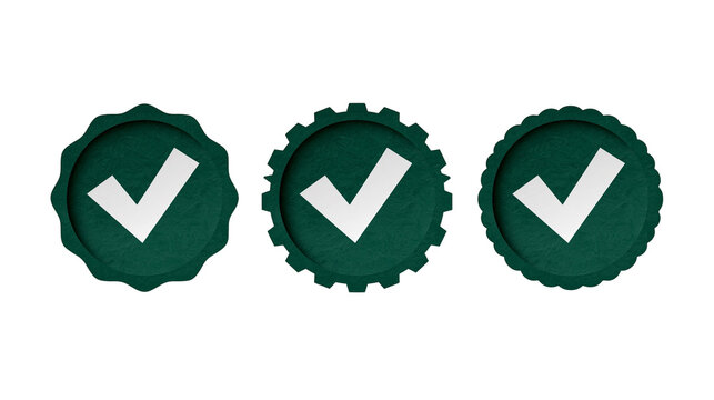 Three dark green circular badges with white checkmark symbols and serrated edges