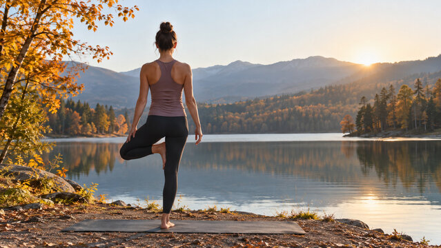 Frau &uuml;bt Yoga am See in herbstlicher Morgenstimmung