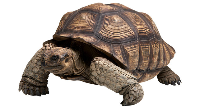 Large African spurred tortoise with textured brown shell and scaly skin