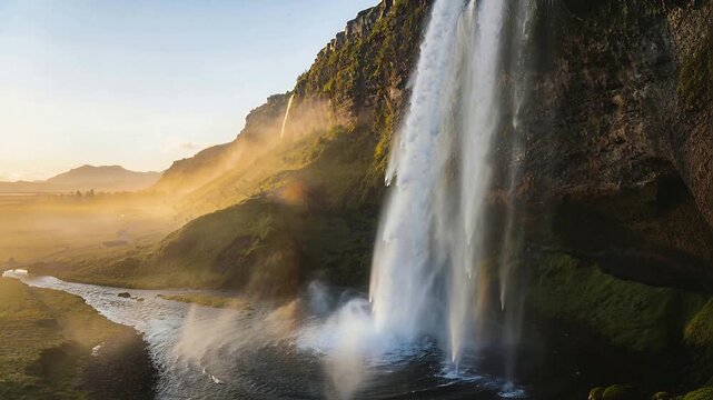 Pouring cascade falling cliff, sun hitting spray creating mist and rainbow on plains, copy space