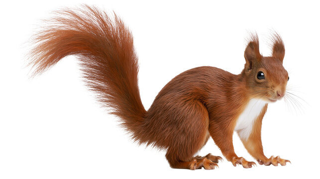 Red squirrel with fluffy tail and white chest standing in profile