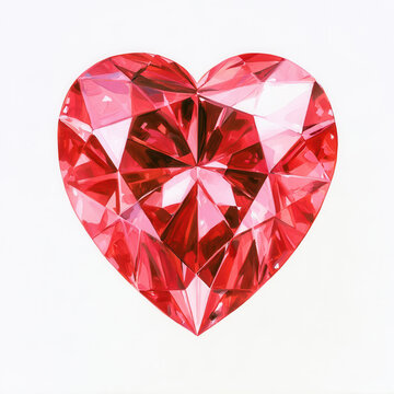 Brilliant cut heart shaped red ruby gemstone illustration on white background, romantic love symbol precious stone artwork