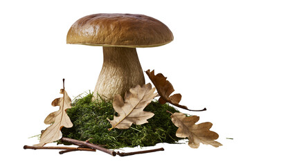 Fresh porcini mushroom with brown cap on green moss and dry oak leaves © Alex