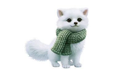 Fluffy white arctic fox cub wearing a chunky green knitted scarf © Alex