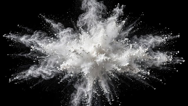 Explosion of white powder or dust isolated on black background.