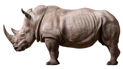 Large grey rhinoceros standing in profile with prominent horns and wrinkled skin © Alex