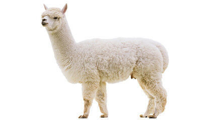 Full body side view of a fluffy white alpaca standing © Alex
