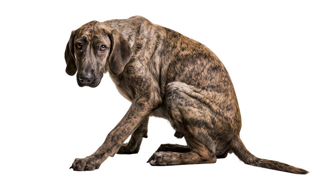Brindle coat mixed breed dog sitting with a submissive and shy posture