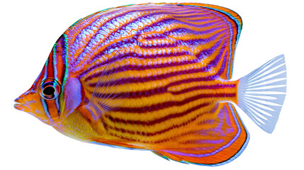 Vibrant orange and purple striped butterflyfish with translucent tail fins © Alex