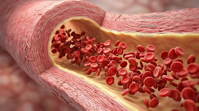 Blood vessel with red blood cells and artery plaque