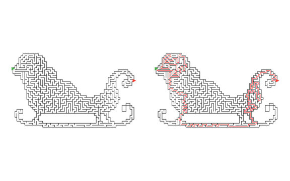 Detailed Christmas rocking horse shaped labyrinth with winding passages, start and finish arrows, and red solution path for a festive holiday puzzle