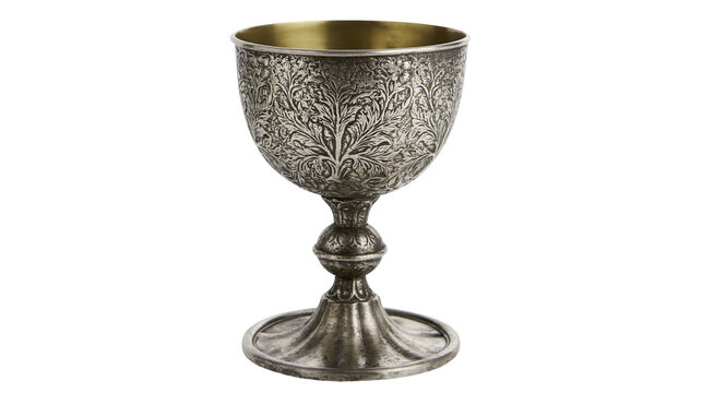 Ornate antique silver goblet with intricate floral engraving and gold interior