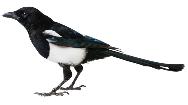 Common Eurasian magpie bird with black and white plumage standing in profile