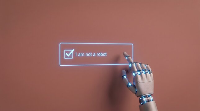 A robot's metallic finger is pointing at a I am not a robot checkbox, symbolizing the distinction between artificial intelligence and human identity