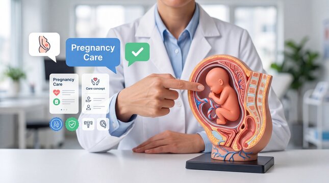 Doctor pointing at a fetus model to explain pregnancy care in a medical office setting