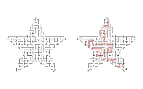 Star shaped labyrinth puzzle with green entrance and red exit, displayed in unsolved and solved versions with a highlighted red route