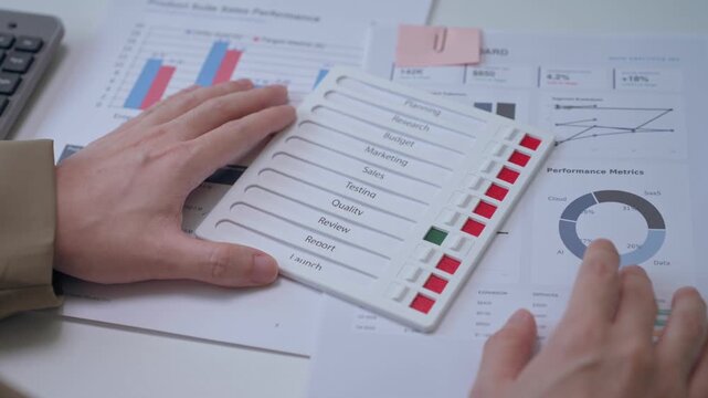 Business person hand managing performance metrics on dashboard tracking board for data analysis planning in office