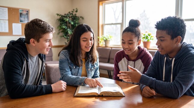 Diverse group of teenagers reading book together at table. Young man and women studying bible in sunny room with plants and window. Faith, friendship and youth education concept.