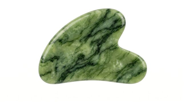 Green jade gua sha tool for facial massage isolated on white background