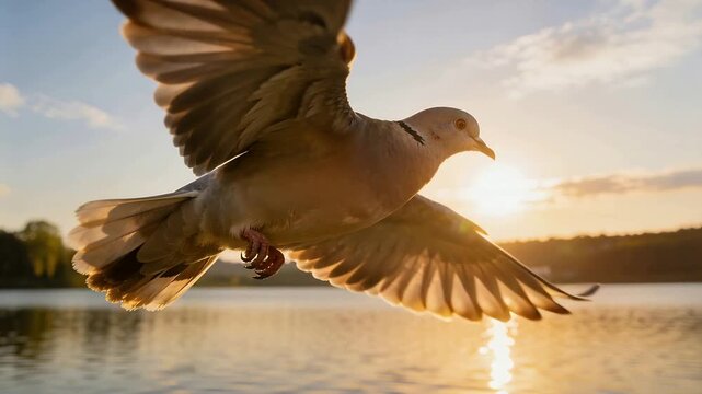Entering left pale dove beating wings, gliding over lake with low sun reflection, adjusting lift