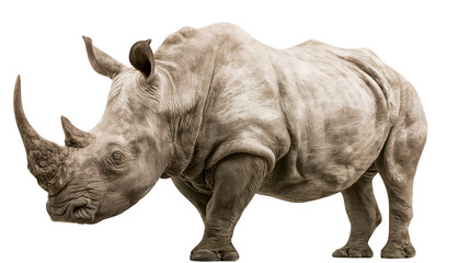 Large grey rhinoceros standing in profile with prominent horns and wrinkled skin © Veikko