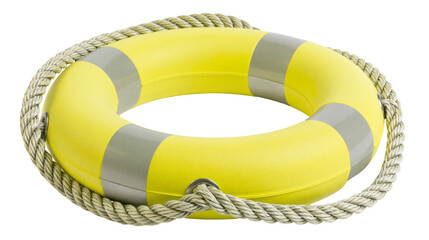 Bright yellow lifebuoy ring with reflective silver strips and woven grab rope © Veikko