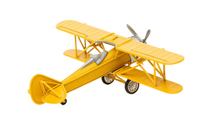 Yellow vintage biplane toy model with silver propeller and wheels © Veikko