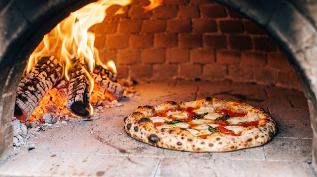 Fresh margherita pizza baking inside traditional wood fired oven. Flames and burning logs heat brick oven interior for authentic italian cooking.