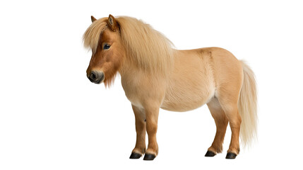 Palomino Shetland pony with long thick mane and tail standing in profile © Veikko