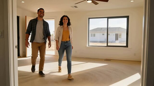 Entering family walking through open front door, touring sunlit room with tablet, child running