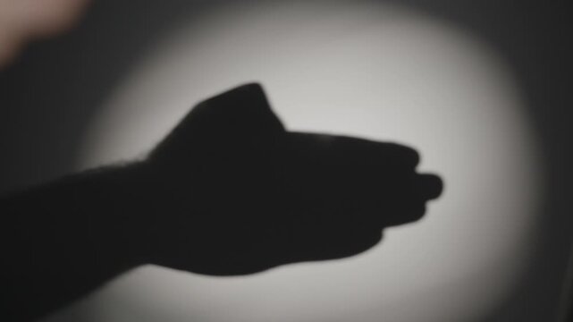 Сlose-up video of human hands forming a dog shape, casting a sharp and clear silhouette onto a bright wall. Ideal for concepts of childhood, creativity, and home entertainment.