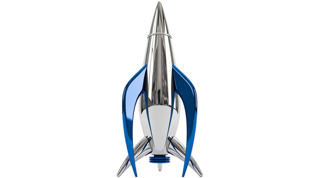 Shiny chrome and blue metal retro style toy rocket ship