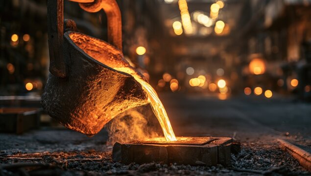 Molten metal being poured into a casting mold in a foundry.
