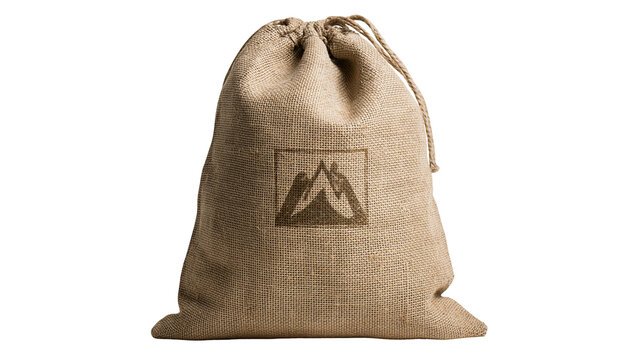 Small brown burlap drawstring pouch with a mountain logo print