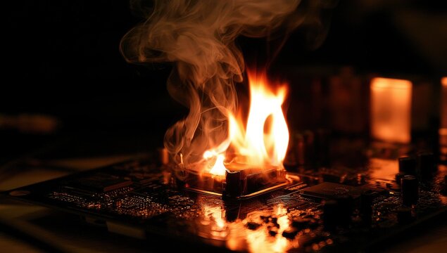 Computer Motherboard Burning and Smoking in Dark Environment.