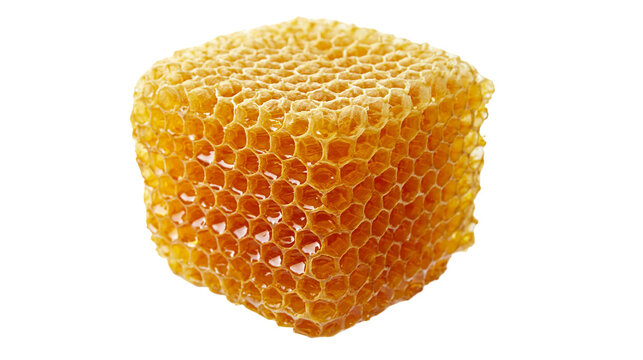 Golden yellow honeycomb cube with hexagonal wax cells filled with sweet honey