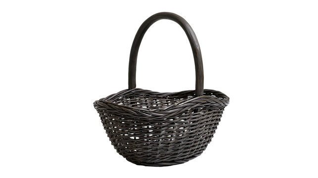 Dark brown woven wicker basket with a tall arched handle