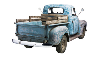 Weathered blue vintage pickup truck with wooden cargo bed side panels © Veikko