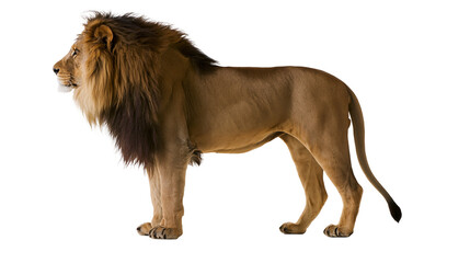 Majestic adult male lion with thick dark mane standing in profile © Veikko