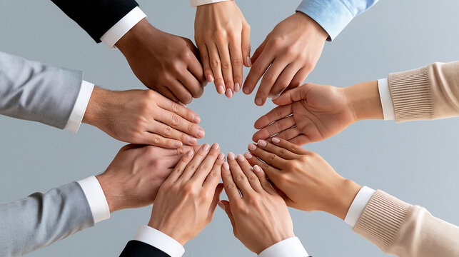 Overhead view of multiple business professionals joining hands in a circle, symbolic corporate unity, teamwork, shared vision, collaboration, leadership, organizational success,