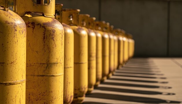 A row of yellow propane gas cylinders lined up outdoors in sunlight.