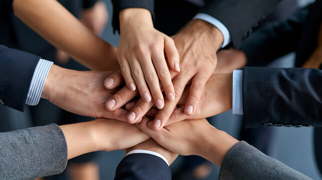 Overhead view of multiple business professionals joining hands in a circle, symbolic corporate unity, teamwork, shared vision, collaboration, leadership, organizational success,