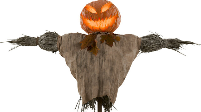Scary glowing jack-o-lantern pumpkin head scarecrow with burlap clothing