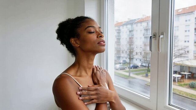Breathing woman in camisole with stud earring taking inhale for calm at apartment window