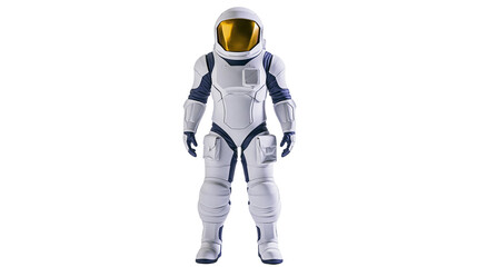 Full body white and blue astronaut space suit with golden reflective helmet visor © Veikko